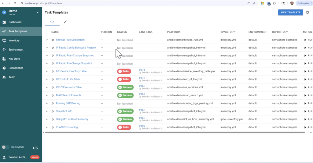 Automation playbooks in Ansible Semaphore, initiated by IP Fabric's NetBox plugin; fourth step in NetBox automation