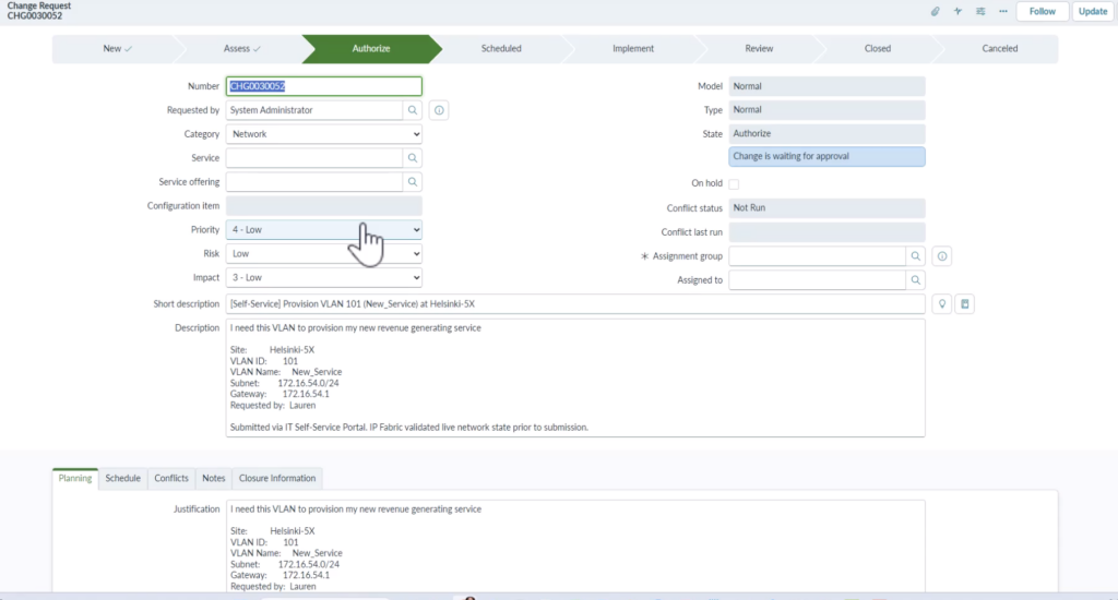 Ticket in ServiceNow populated by IP Fabric's NetBox plugin; the third step for NetBox automation